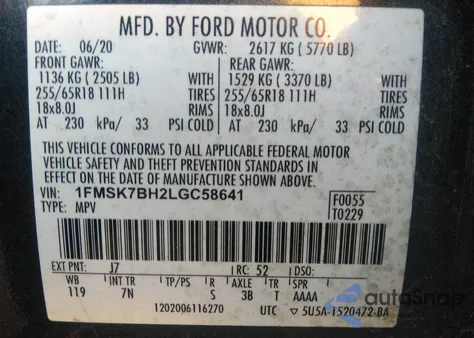 2020 Ford Explorer from USA, damaged, VIN 1FMSK7BH2LGC58641